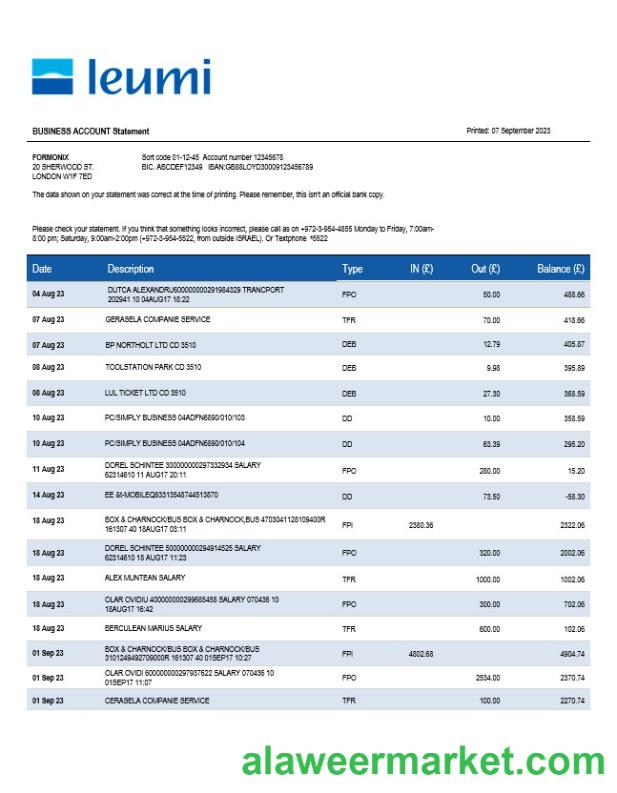Bank Leumi business statement Word and PDF template